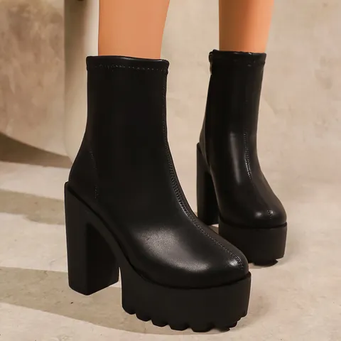 Women Chunky Heel Platform Ankle Boots Side Zipper High Heel Fashion 2025 Winter Shoes Artificial Leather Non-slip Sole Boots
