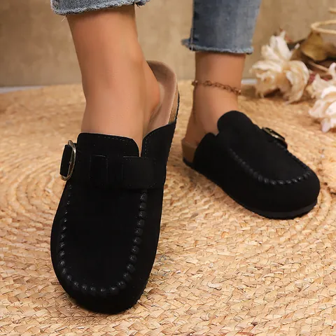 Women Retro Suede Platform Clogs Metal Buckle Round Toe Mules Thick Sole Cork Midsole Slip On Casual Loafer Slippers