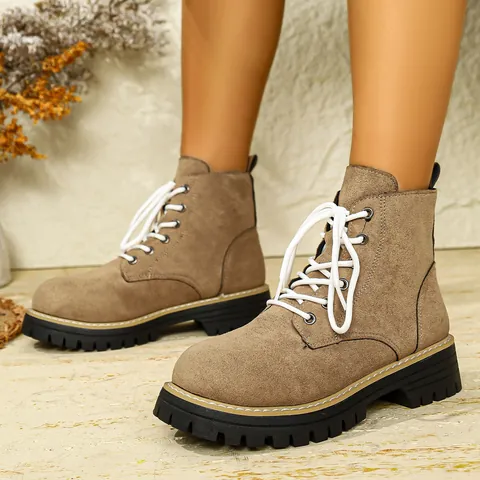 Women's British Style Suede Martin Boots Thick Sole Lace Up Round Toe Retro Ankle Boots For Winter Daily Outdoor Wear