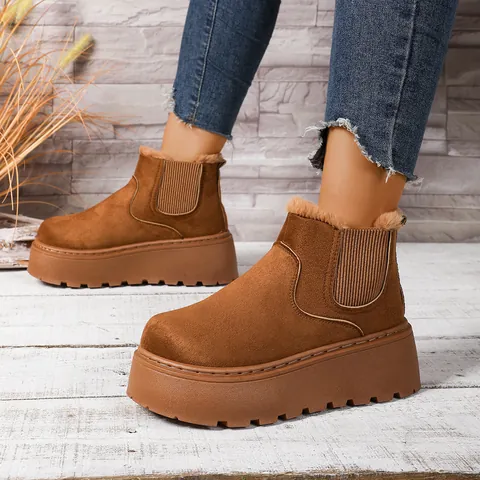 Women Suede Snow Boots Platform Wedge Faux Fur Lined Winter Warm Chelsea Booties Slip-On Anti-Slip Thick Sole Outdoor Shoes