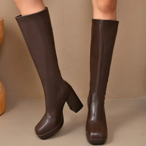 Women Chunky High Heel Platform Long Boots Square Toe Stretch Synthetic Leather Knight Fashion Boots Winter Autumn