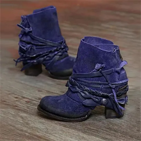 Women Vintage Western Style Chunky High Heel Ankle Boots PU Leather Round Toe Back Zipper Retro Short Boots for Winter