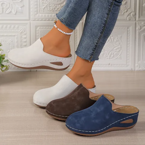 Women Casual Wedge Mules Platform Closed Toe Clogs With Breathable Cut-outs Contrast Stitching PU Leather Summer Outdoor Slippers
