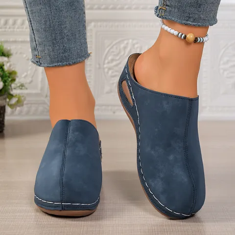 Women Casual Wedge Mules Platform Closed Toe Clogs With Breathable Cut-outs Contrast Stitching PU Leather Summer Outdoor Slippers