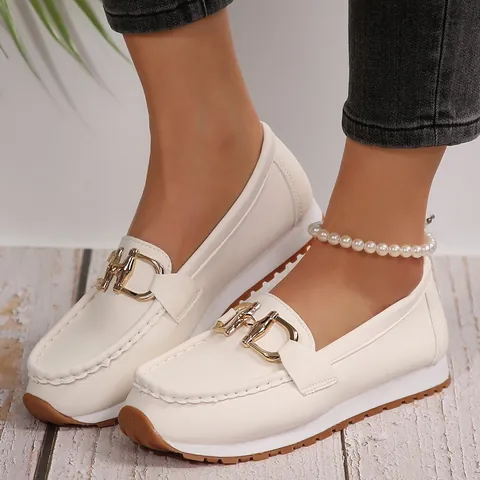 Women's Sporty Platform Loafers With Metal Chain Horsebit Casual Thick Sole Comfortable Sneakers Large Size Spring Shoes