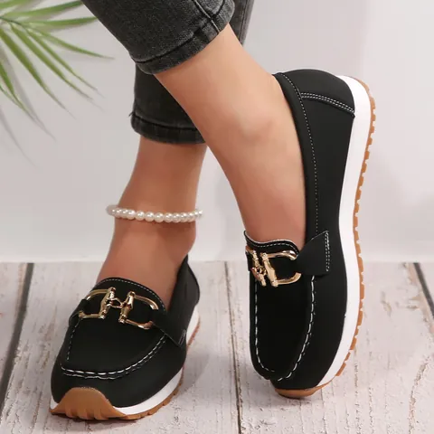 Women's Sporty Platform Loafers With Metal Chain Horsebit Casual Thick Sole Comfortable Sneakers Large Size Spring Shoes