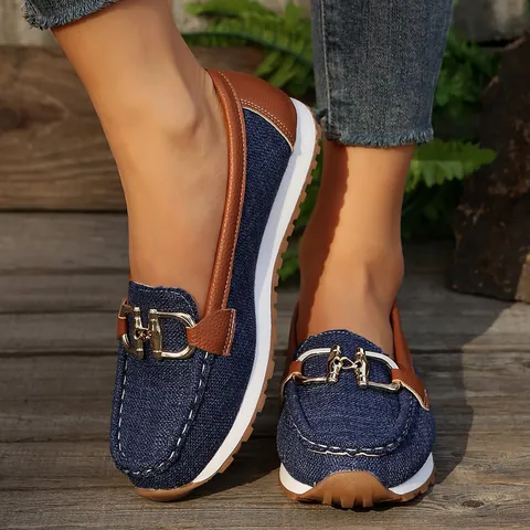 Mocassins Décontractés en PU pour Femmes Vintage Slip-on Chaussures Plates Avec Chaîne en Métal Respirants Confortables Semelle Épaisse
