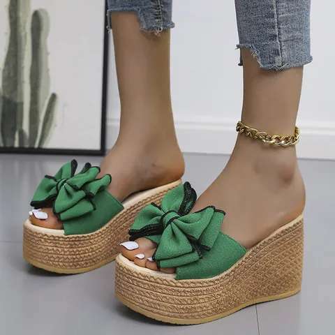 Women Bow Wedge Sandals Platform Thick Sole Summer Slides Fashion European Style Outdoor Slippers Big Size 34-43