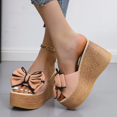 Women Bow Wedge Sandals Platform Thick Sole Summer Slides Fashion European Style Outdoor Slippers Big Size 34-43