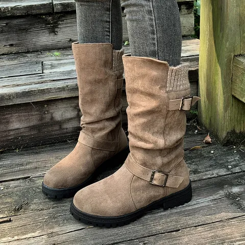 Women Faux Suede Mid-Calf Boots Western Slouch Boots Knit Cuff Belt Buckle Winter Chunky Heel Round Toe Shoes