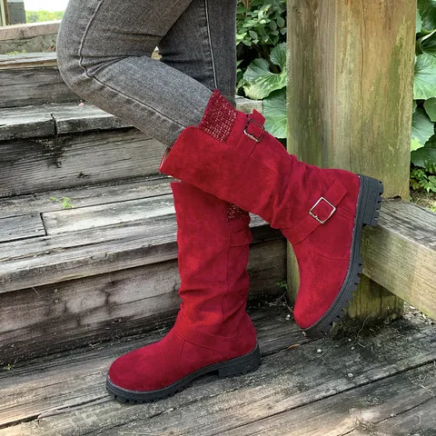 Women Faux Suede Mid-Calf Boots Western Slouch Boots Knit Cuff Belt Buckle Winter Chunky Heel Round Toe Shoes