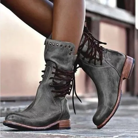 Vintage Studded Lace Up Ankle Boots For Women Retro PU Leather Low Heel Riding Boots Large Size Fashion Short Boots