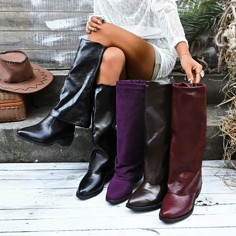 Women Gaiter Boots Pointed Toe Chunky Mid Heel Western Style Fold Over Knee High Boots Fashion PU Leather Long Boots