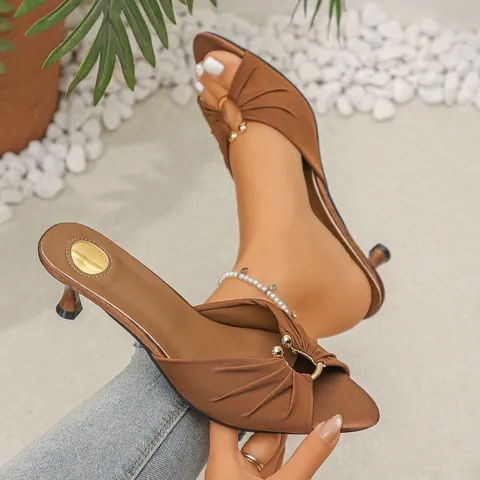 Women Pointed Open Toe Stiletto Slide Sandals 2026 Summer New Ruched Knot Gold Ring Fashion Leopard Black Khaki High Heels Mules Dress Shoes