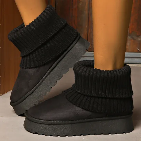 Women Winter Warm Snow Boots Thick Platform Sole Knit Cuff Faux Fur Lined Short Boots Slip On Casual Outdoor Cotton Shoes