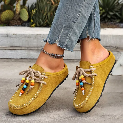 Women Suede Platform Mules Beaded Bohemian Closed Toe Slippers Thick Sole Casual Slip On Loafers Outdoor Autumn Fashion Shoes
