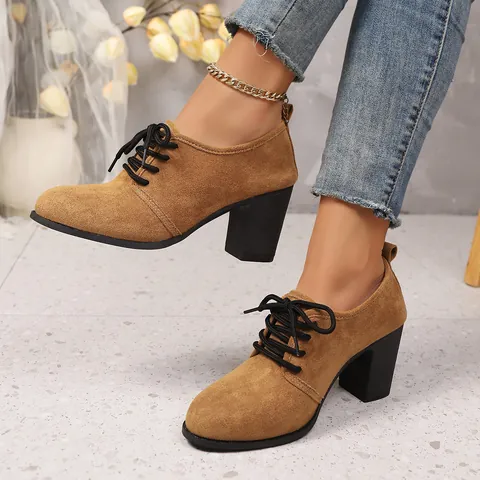 Women Suede Lace Up Block High Heels Vintage Leopard Print Professional Work Pumps Professional Office Dress Shoes