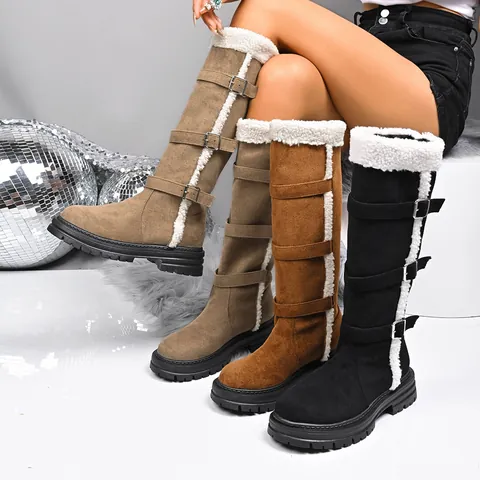 Women High-Top Snow Boots Suede Fur Lined Warm Winter Boots Thick Sole Belt Buckle Fashion Cotton Boots For Casual Daily Wear