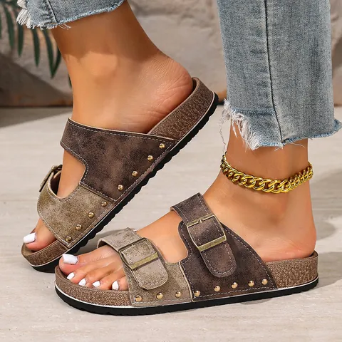 Damen Plus Size Nieten Birkenstock Stil Sandalen Dicke Sohle Doppelschnalle Farbblock Pantoletten Vintage Kork Slide Sandalen Sommer
