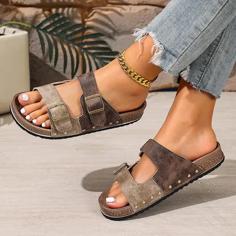 Damen Plus Size Nieten Birkenstock Stil Sandalen Dicke Sohle Doppelschnalle Farbblock Pantoletten Vintage Kork Slide Sandalen Sommer