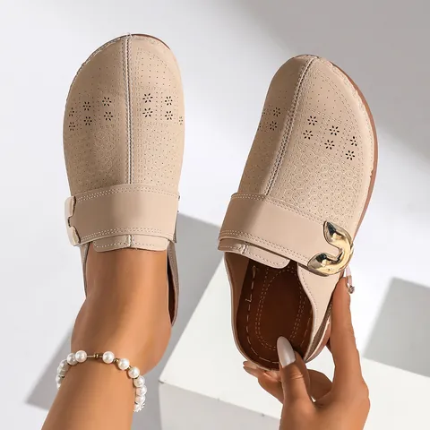 Women's Plus Size Hollow Out Mules Flat Clogs Casual Breathable Pointed Toe Sandals with Metal Buckle PU Leather Slides