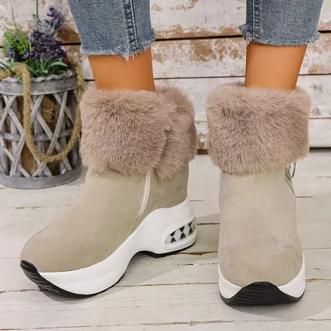 Women Winter Snow Boots Faux Fur Collar Muffin Wedge Thick Sole Warm Plus Velvet Casual Short Boots Side Zipper Air Cushion