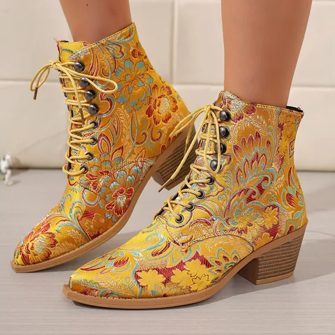 Women Retro Satin Embroidered Ankle Boots Pointed Toe Lace-up Chunky High Heel Ethnic Floral Fashion Booties Plus Size 36-43