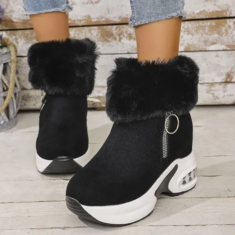 Women Winter Snow Boots Faux Fur Collar Muffin Wedge Thick Sole Warm Plus Velvet Casual Short Boots Side Zipper Air Cushion