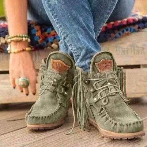 Women's Western Cowboy Tassel Ankle Boots Suede Lace-up Fringe Short Booties Solid Color Winter Outdoor Walking Shoes