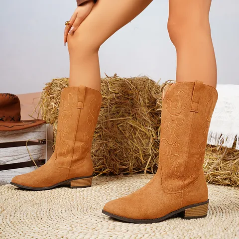 Faux Suede Embroidered Mid-calf Knight Boots For Women Pointed Toe Low Block Heel Western Cowboy Style Pull-on Boots