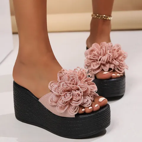 Womens Platform Wedge Sandals 3D Flower Slides Bohemian Summer Beach High Heel Flip Flops Open Toe Roman Shoes
