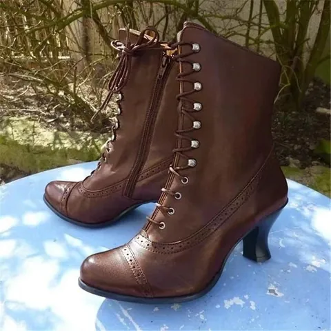Bottines Brogue Vintage Style Britannique pour Femmes à Talons Épais Lacées avec Fermeture Éclair Latérale Bottes Martin Mode