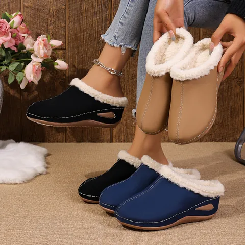 Pantuflas con Cuña para Mujer de Felpa con Plataforma Forradas de Piel Sintética Zuecos de Invierno Cálidos Zapatos de Casa