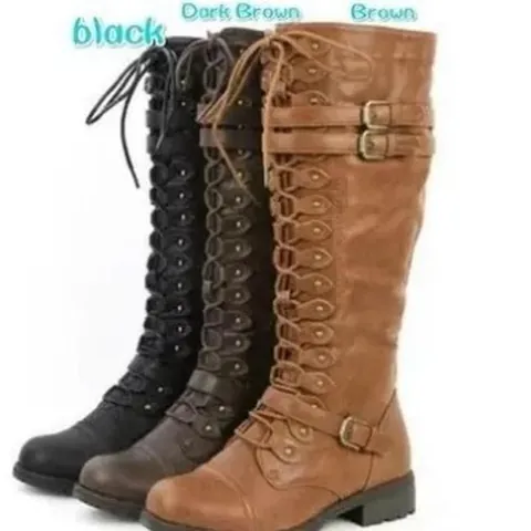 Damen Vintage Ritter Hohe Stiefel Runde Zehe Schnalle Nieten Schnürung Niedriger Absatz Flach Seitenreißverschluss Kunstleder Winterschuhe