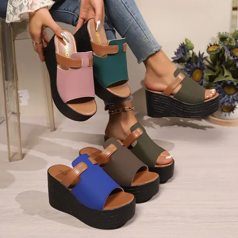 Mules Compensées à Plateforme pour Femmes Été Bloc de Couleur Semelle Épaisse Bout Ouvert Mode Style Occidental Décontracté