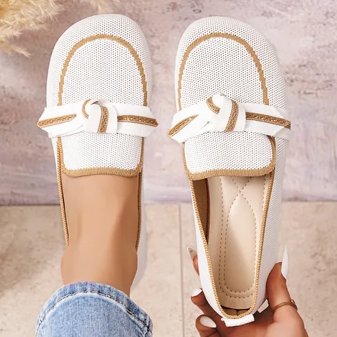 Dames Casual Flyknit Platte Schoenen Ademende Twist Knoop Kleurblok Loafers Comfortabele Slip On Wandelschoenen Grote Maat