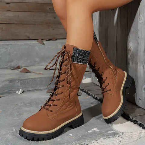 Women Mid-Calf Martin Boots Quilted Knitted Cuff Winter Shoes Thick Platform Fleece Lined Lace-up Side Zipper Boots For Women