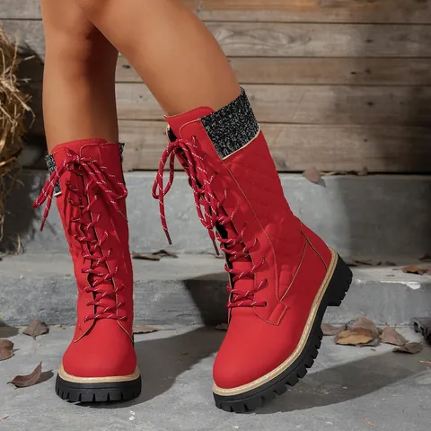 Women's Mid-Calf Boots Artificial Leather Platform Round Toe Quilted Lace-Up Shoes With Knit Cuff And Side Zipper For Daily Casual