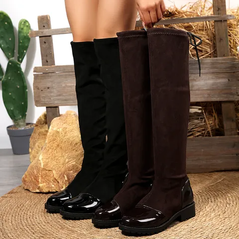 Women Over The Knee Boots Stretch Suede Patent Leather Patchwork Back Lace Up Fashion Block Heel Slimming Long Boots