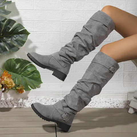 Women Slouchy Knee High Cowboy Boots Suede Slouchy Shaft Belt Buckle Retro Western Low Chunky Heel Winter Boots Daily Fashion