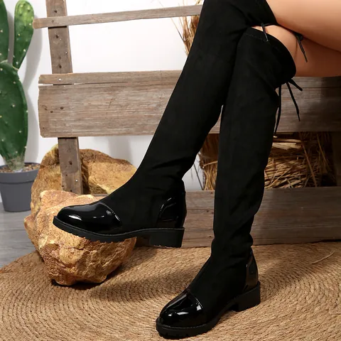 Women Over The Knee Boots Stretch Suede Patent Leather Patchwork Back Lace Up Fashion Block Heel Slimming Long Boots
