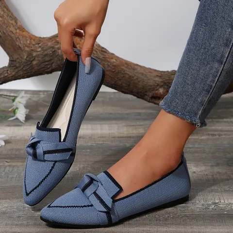 Women Fly-knit Pointed-Toe Flat Loafers Breathable Casual Bowknot Slip-On Shoes Lightweight Professional Office Dress Shoes