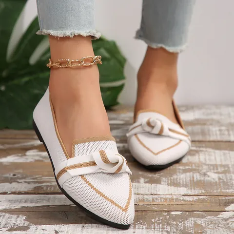 Women Fly-knit Pointed-Toe Flat Loafers Breathable Casual Bowknot Slip-On Shoes Lightweight Professional Office Dress Shoes