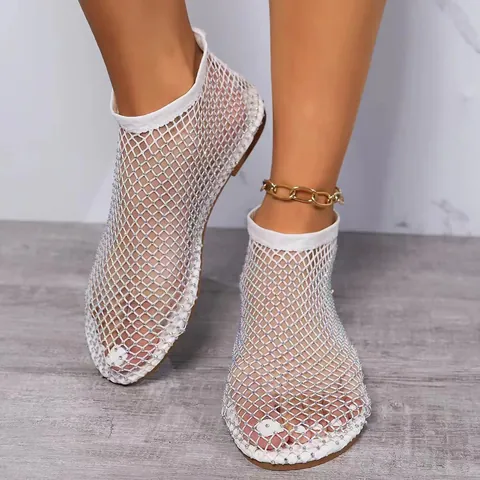 Women Rhinestone Hollow Out Mesh Flat Sandals Summer Sexy Round Toe Short Sandal Boots Sparkling Breathable Beach Shoes For Women Casual Vacation