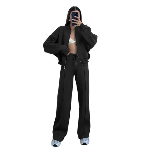 Women Casual Polyester Zip Up Hoodie Top And Bottom Sweatshirt Loose Hooded Outerwear Wide Leg Pants Jogger Lounge Wear