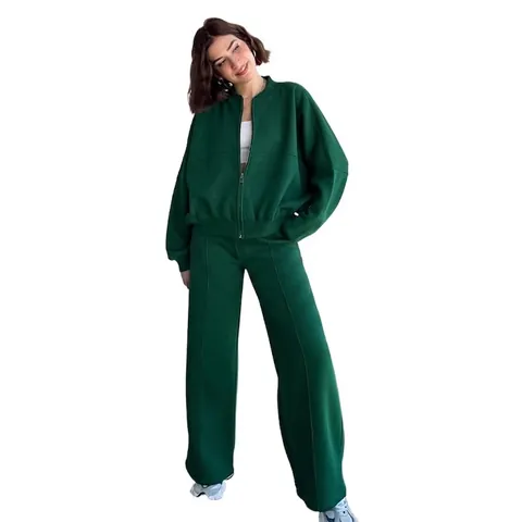 Women Casual Fleece Lined Sweatshirt Top And Bottom Outfits Solid Color Zipper Stand Collar Winter Warm Loose Pants Outfits