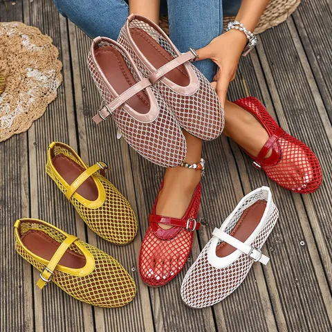 Zapatos Planos Mary Jane de Malla Calada para Mujer Transpirables Suela Blanda Zapatos de Caminar Casual Tallas Grandes Verano