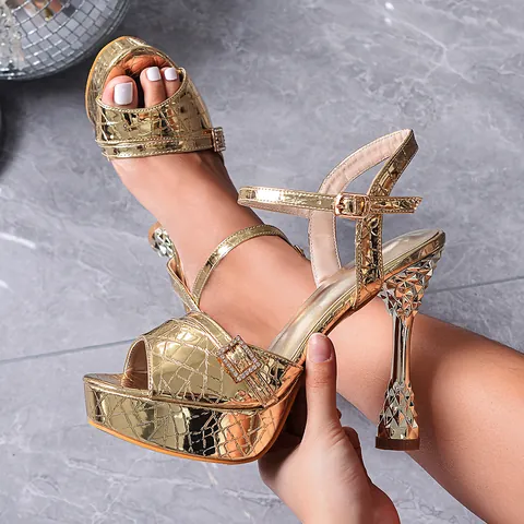 Women Metallic Gold Ankle Strap Sandals Wine Glass High Heels Rhinestone Platform Party Wedding Dress Shoes