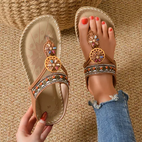 Women Bohemian Rhinestone Flat Sandals Ethnic Microfiber Beaded Embroidery Thong Beach Shoes Comfortable Summer Vacation Footwear Caramel