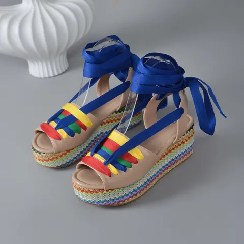 Women Bohemian Rainbow Jute Wrapped Platform Wedge Sandals Royal Blue Satin Lace-up High Heel Summer Roman Shoes